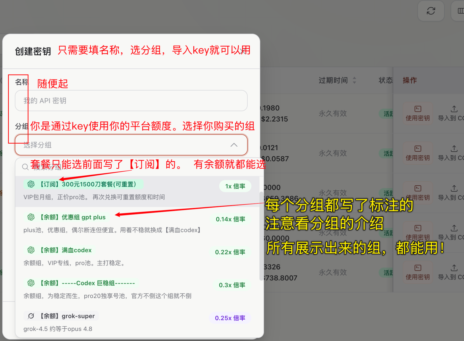 Portdan 创建密钥表单，红色标注只需填写名称并选择套餐组或余额组，黄色文字提示查看分组介绍