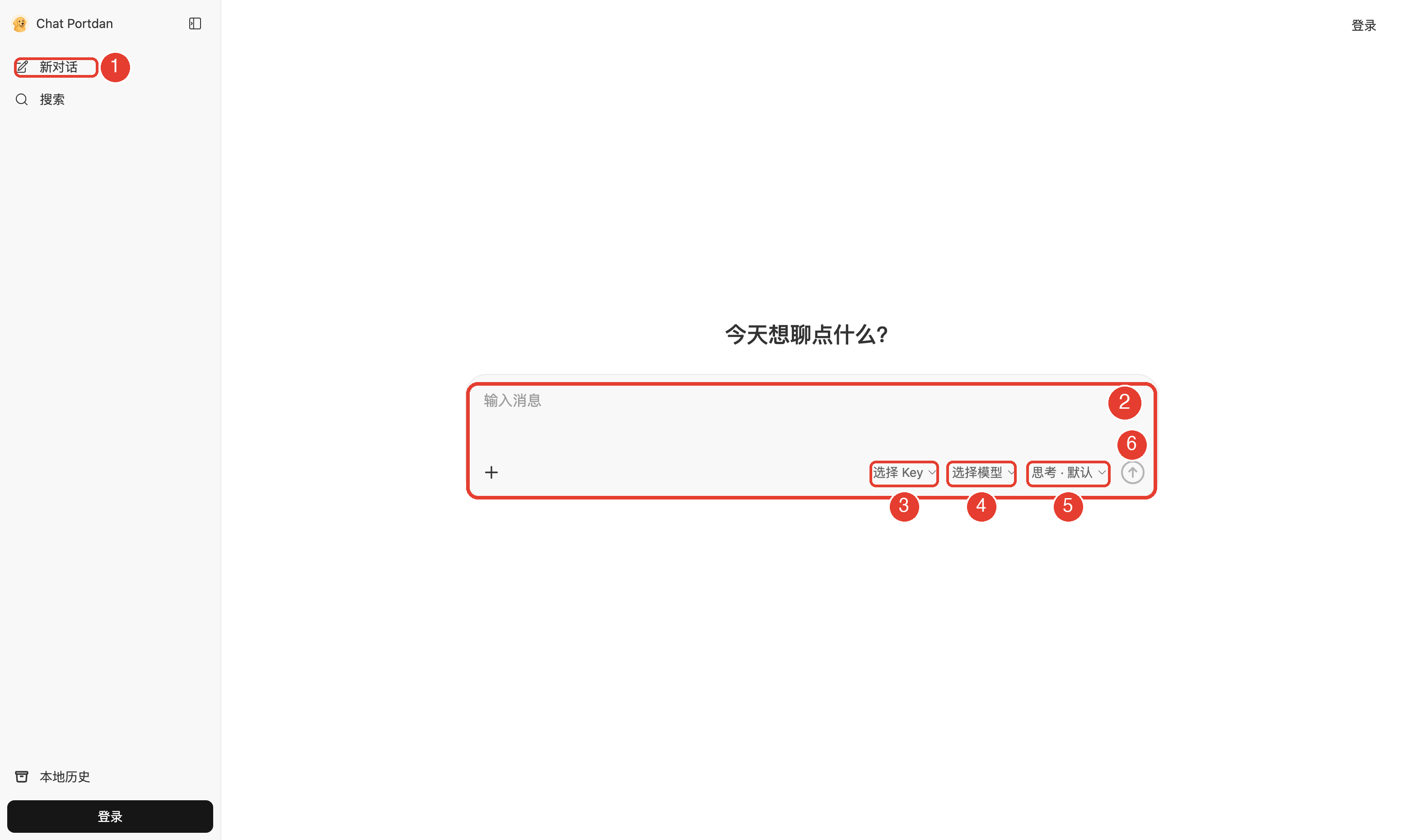 Chat 站聊天界面，标出新对话按钮、消息输入框、选择 Key、选择模型、思考强度和发送按钮