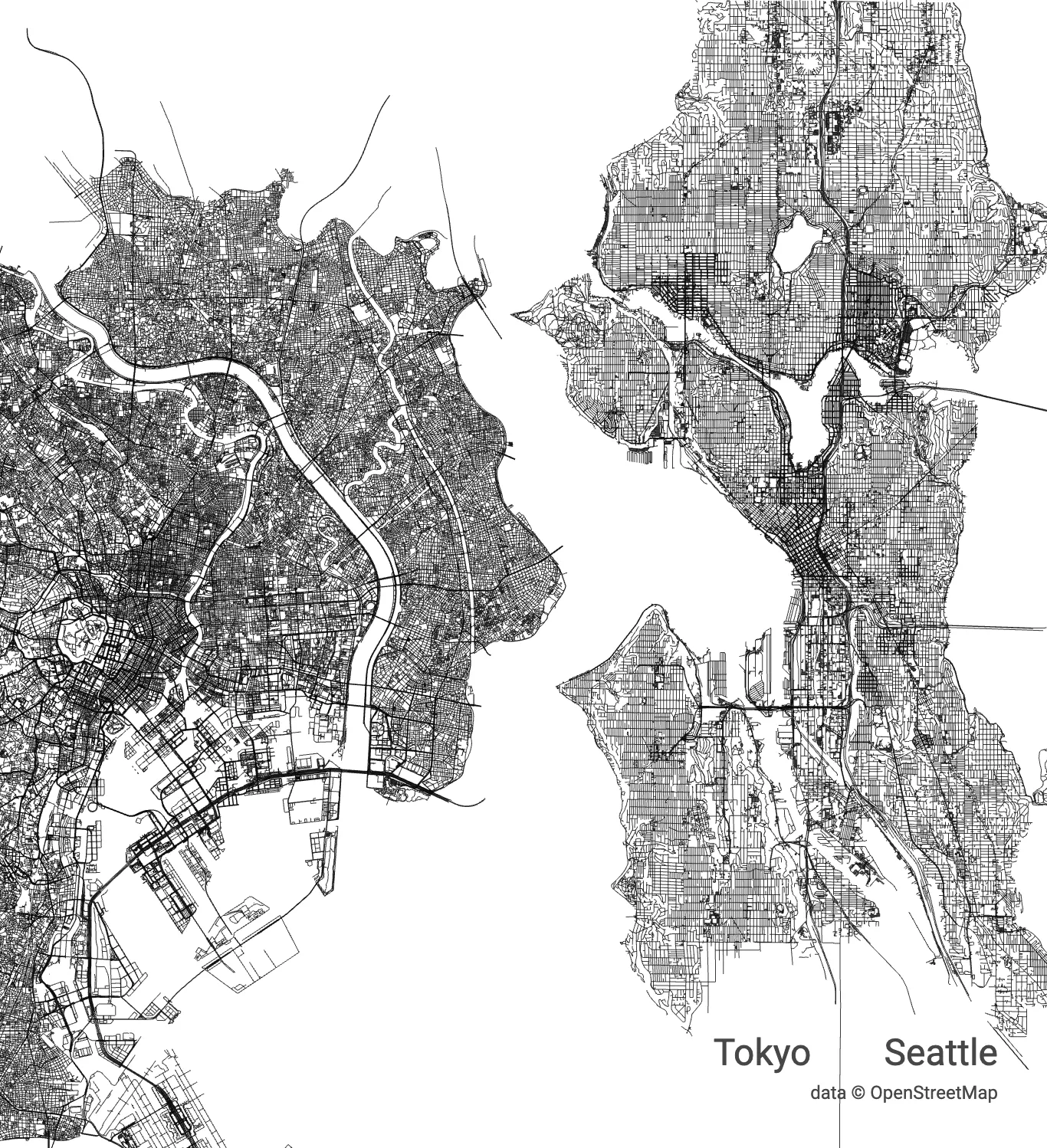 city-roads 生成的东京与西雅图路网线条海报