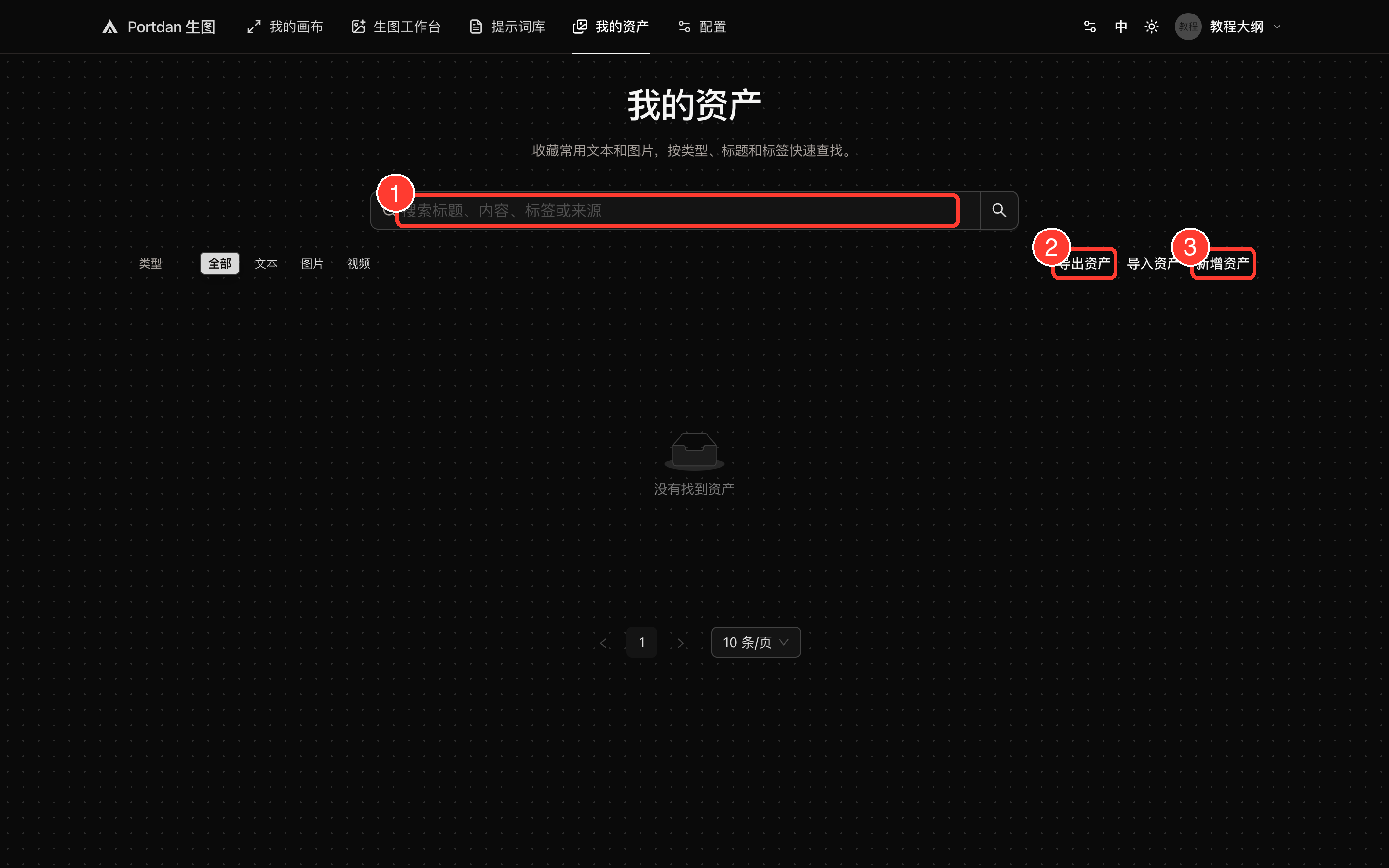 我的资产全页截图，红框标出搜索框、导出资产和新增资产按钮，搜索框下方是类型筛选