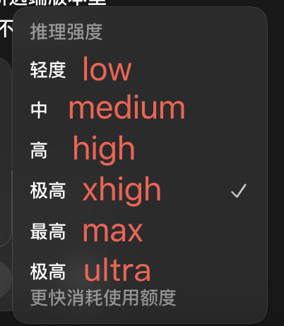 Codex 推理强度菜单，极高选项已选中
